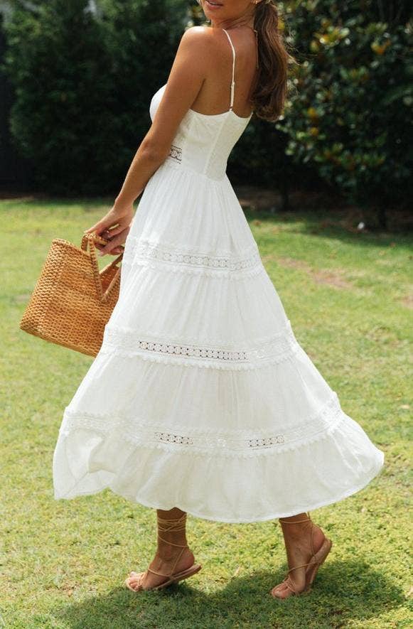 Boho Lace-Trimmed White Maxi Sundress