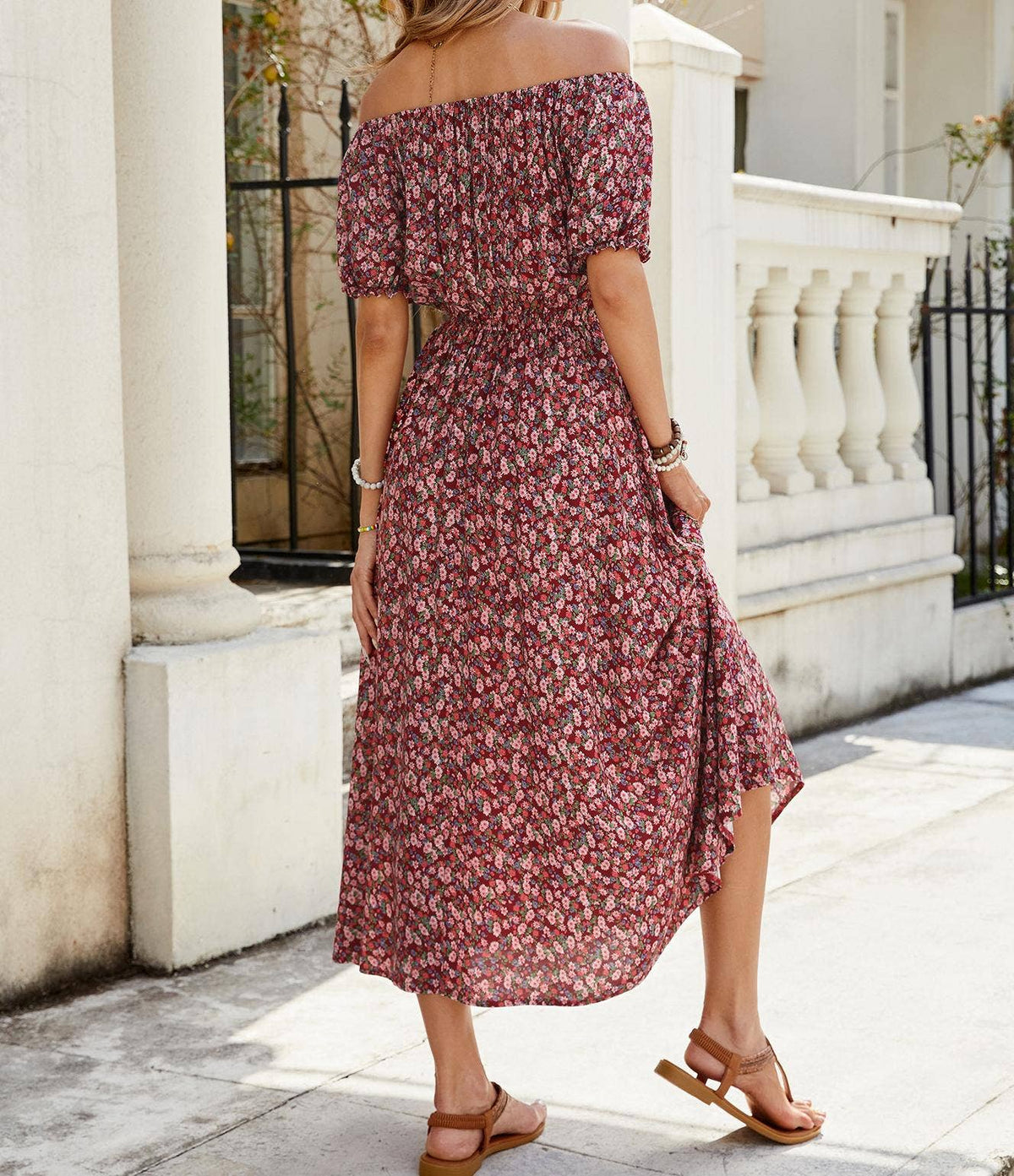Rust-Red Ditsy Floral Off-Shoulder Maxi Dress