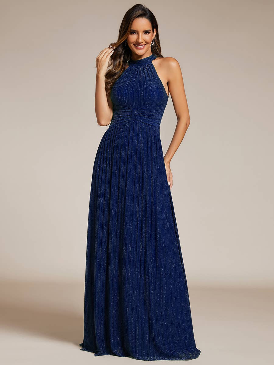 Glittery Halter Neck Pleated Formal Evening Dress