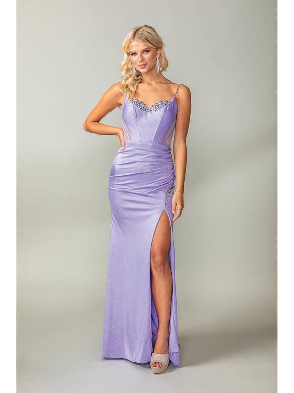 Sheer Beaded Side Slit Prom Dress