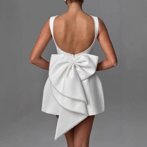 Bow-Back Mini Dress with Pearl Embellishments for Parties