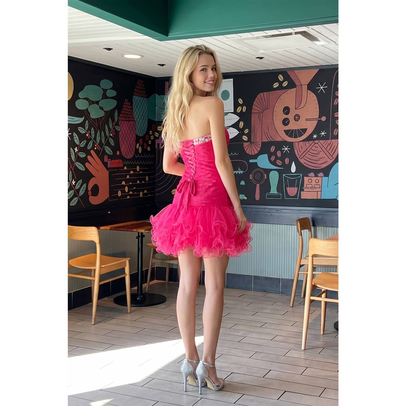 STRAPLESS RUCHED BODICE RUFFLED TULLE SHORT COCKTAIL DRESS