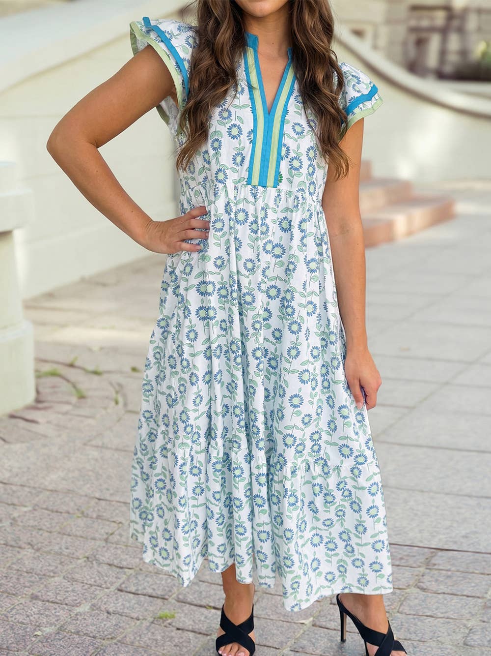 Floral Striped Patchwork Trim Flutter Sleeve Long Dress