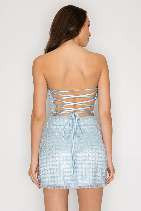 STRAPLESS BEADED LACE UP MINI DRESS