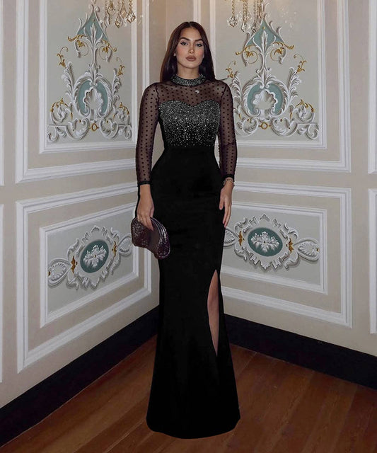 Beaded Mesh Panel Cinched Waist Evening Dress