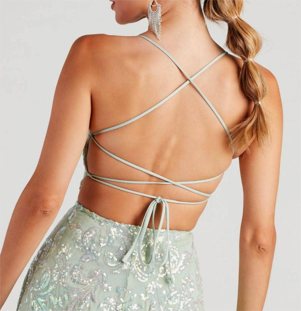 Backless embroidery sequin strap dress