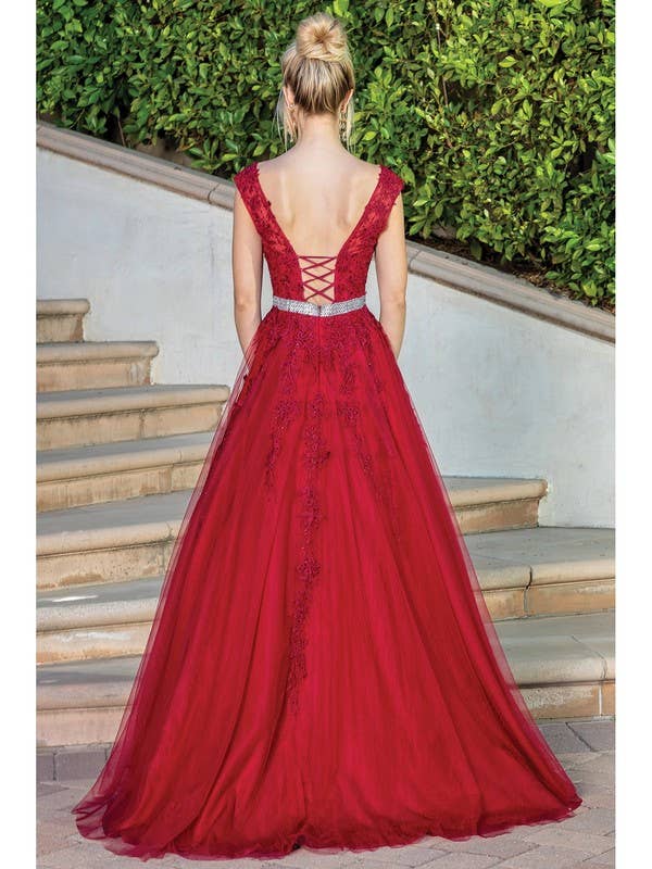 Embroidered Tulle Gown with Cap Sleeves