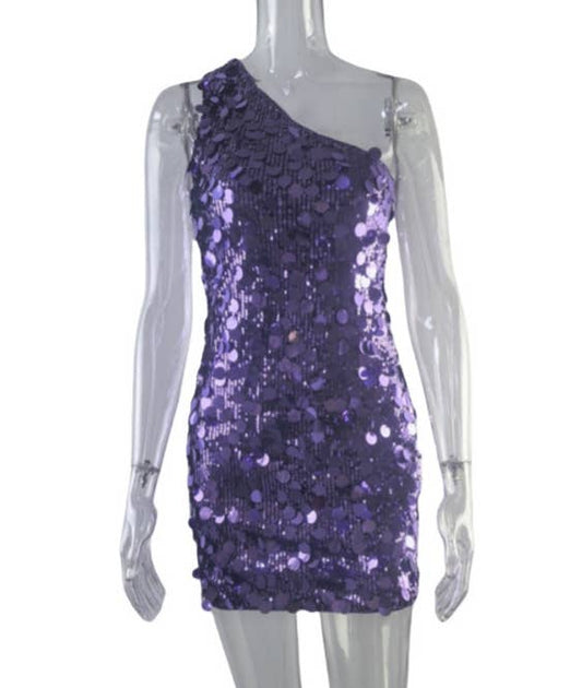 Sleeveless one-shoulder sequined mini party dress