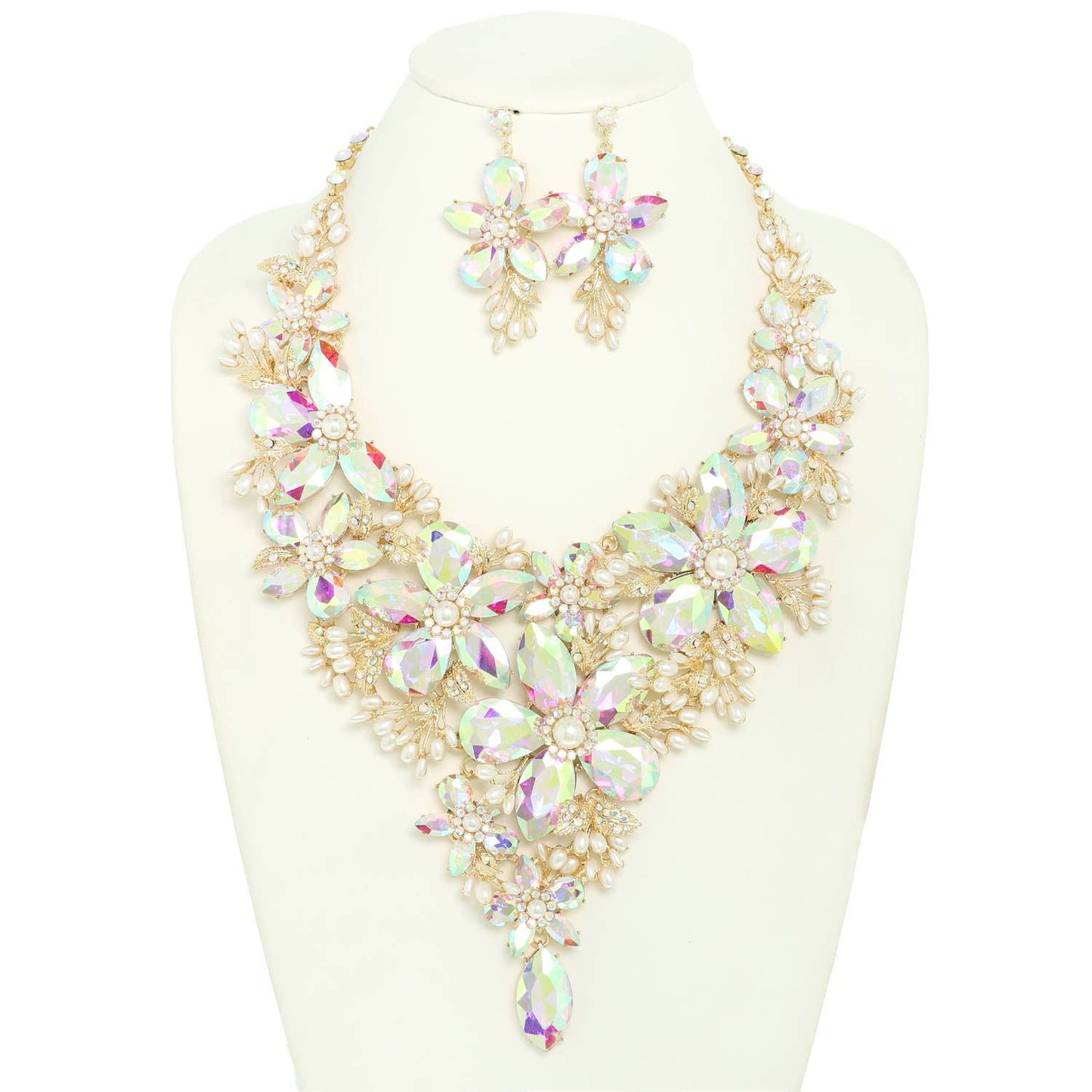 Rhinestone Crystal Pearl Statement Necklace Set