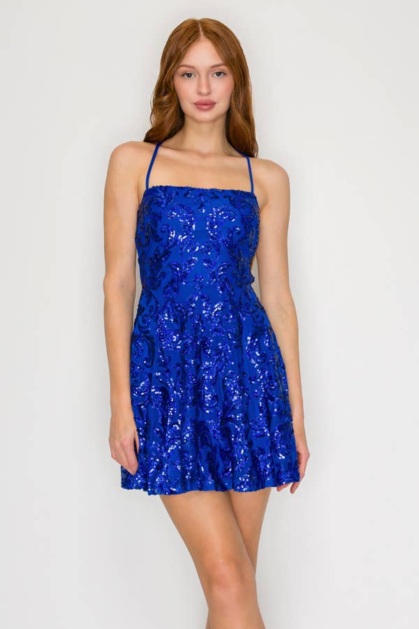 SEQUIN FIT AND FLARE MINI DRESS