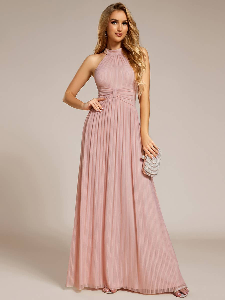 Glittery Halter Neck Pleated Formal Evening Dress
