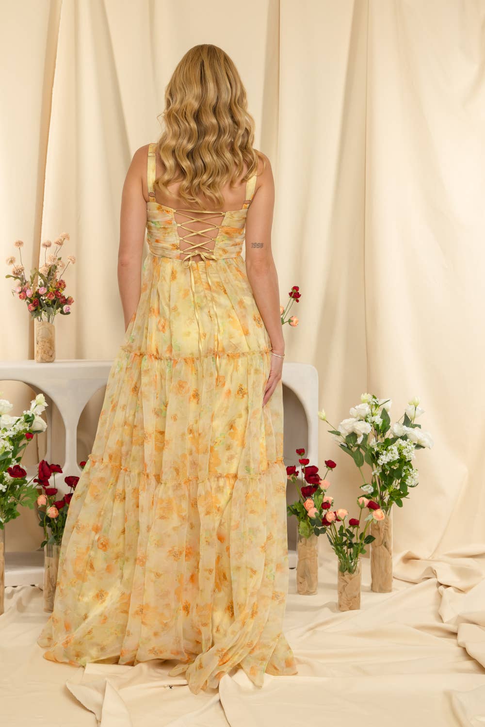 Floral Watercolor Organza Maxi Dress