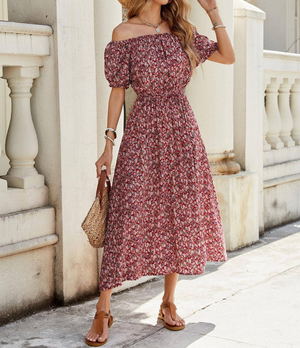 Rust-Red Ditsy Floral Off-Shoulder Maxi Dress