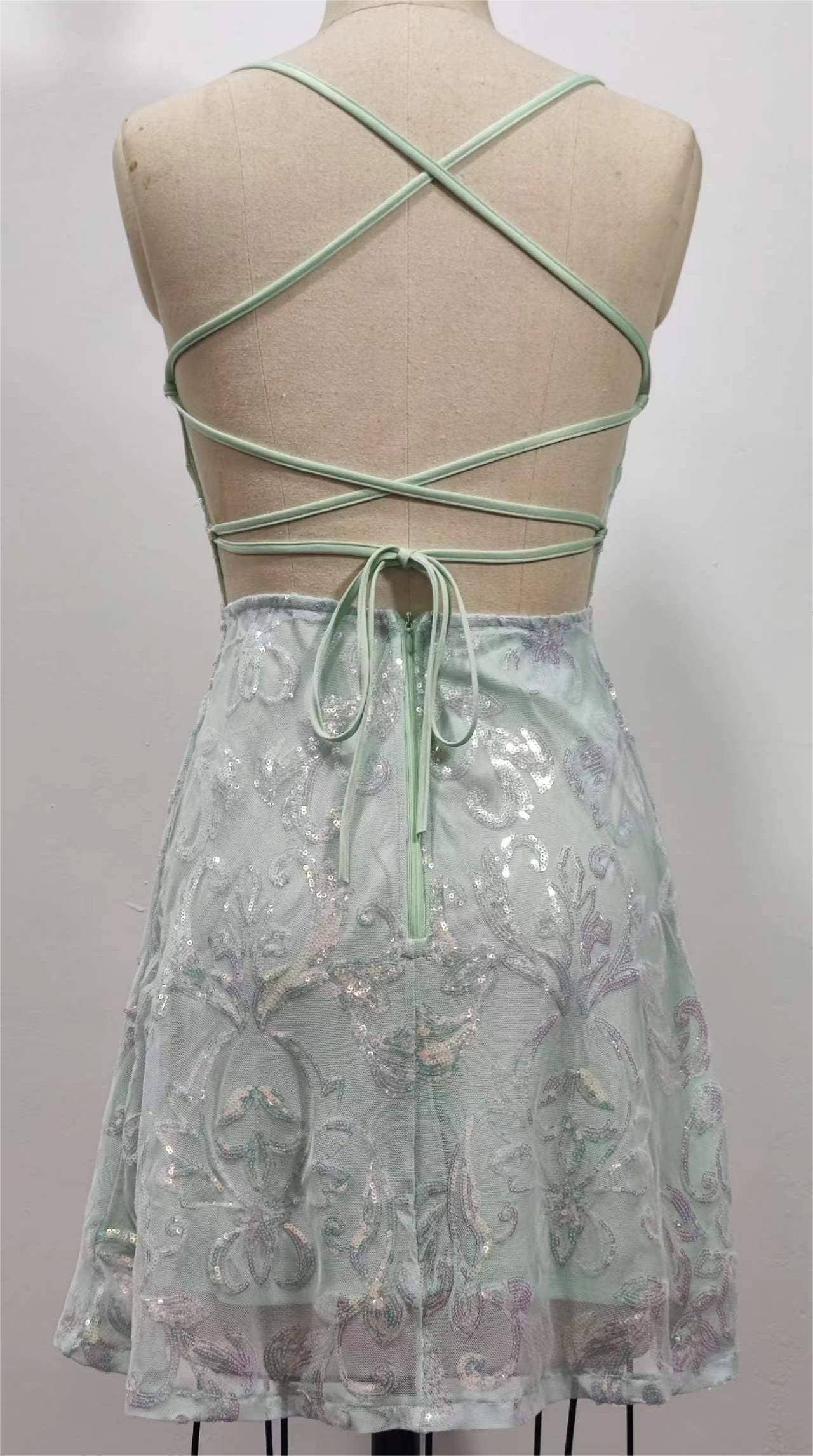 Backless embroidery sequin strap dress