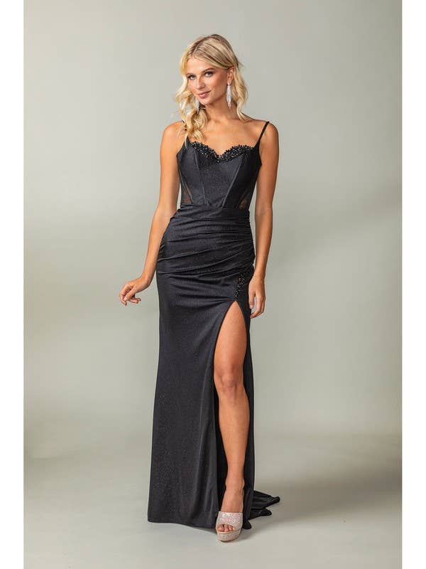 Sheer Beaded Side Slit Prom Dress
