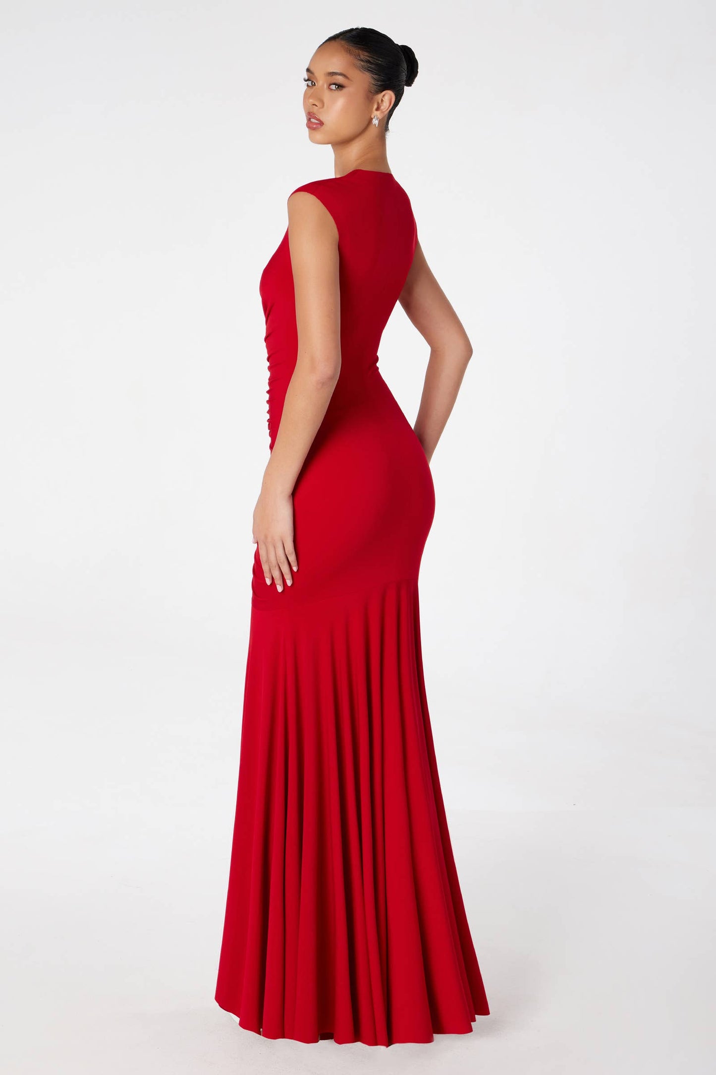 RUCHED FITTED CAP SLEEVE GOWN WITH V-NECKLINE