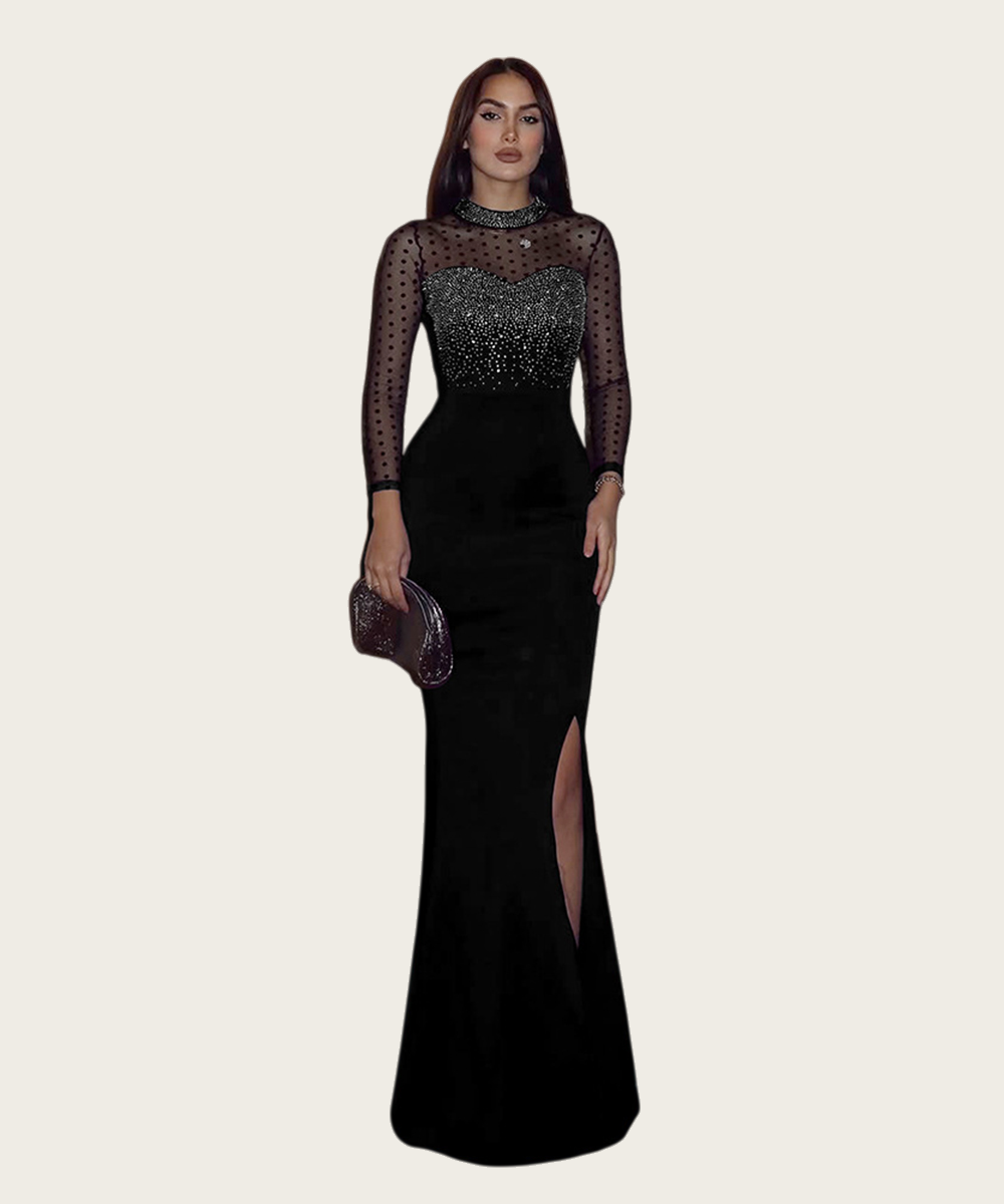 Beaded Mesh Panel Cinched Waist Evening Dress