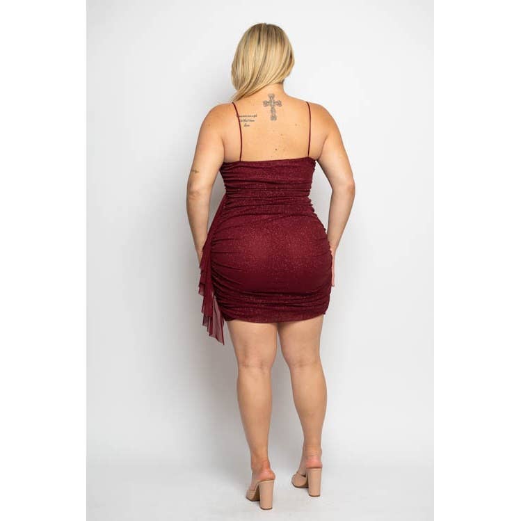 PLUS SIZE GLITTER MESH RUCHED BODYCON SIDE RUFFLE MINI DRESS