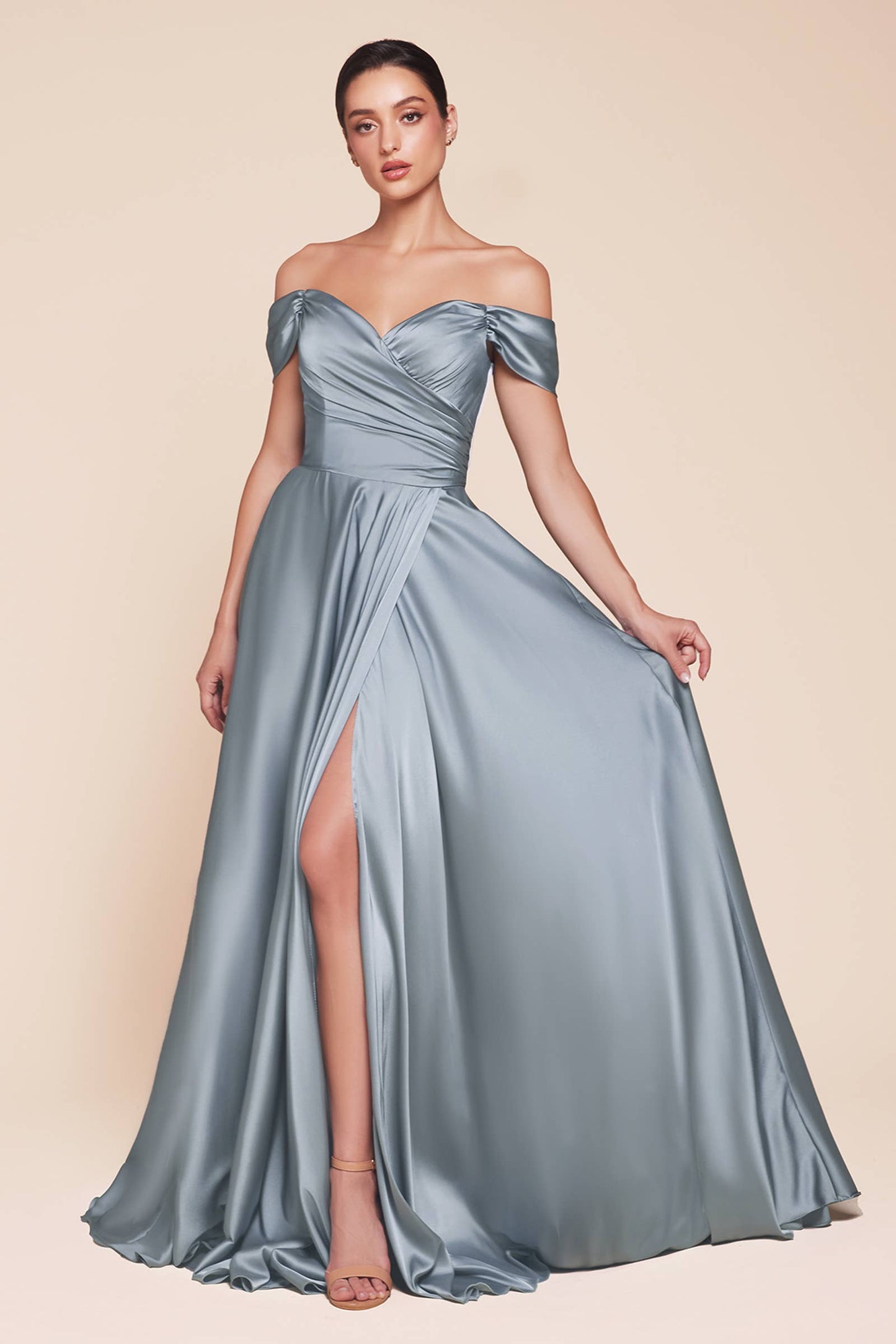 SATIN A-LINE OFF THE SHOULDER DRESS