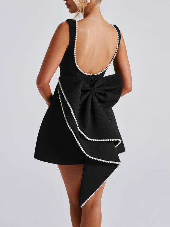 Bow-Back Mini Dress with Pearl Embellishments for Parties