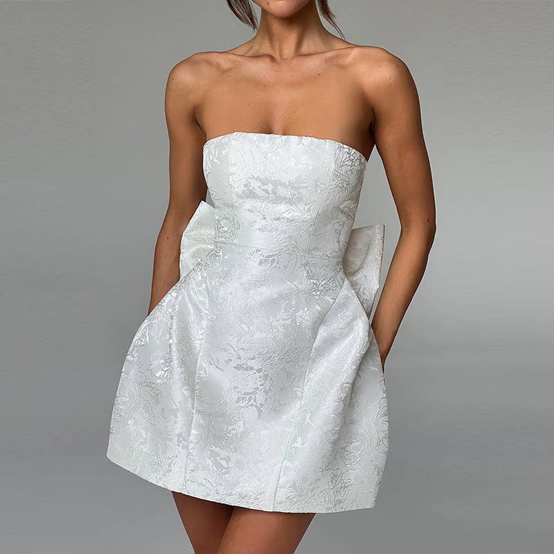 Sexy Jacquard Strapless Bow Mini Dress