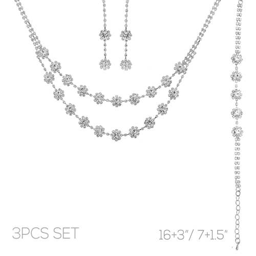 3pc Floral Multi-Strand Necklace Jewelry Set