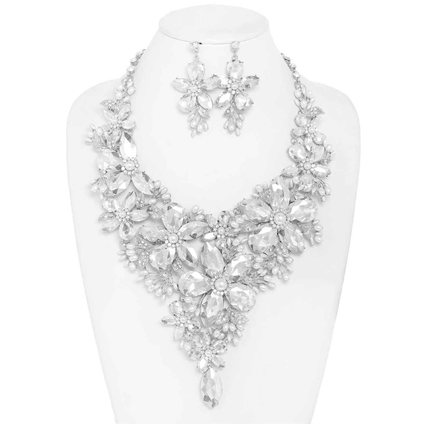 Rhinestone Crystal Pearl Statement Necklace Set