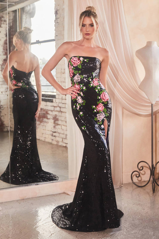 STRAPLESS FLORAL PATTERNED SEQUIN DRESS