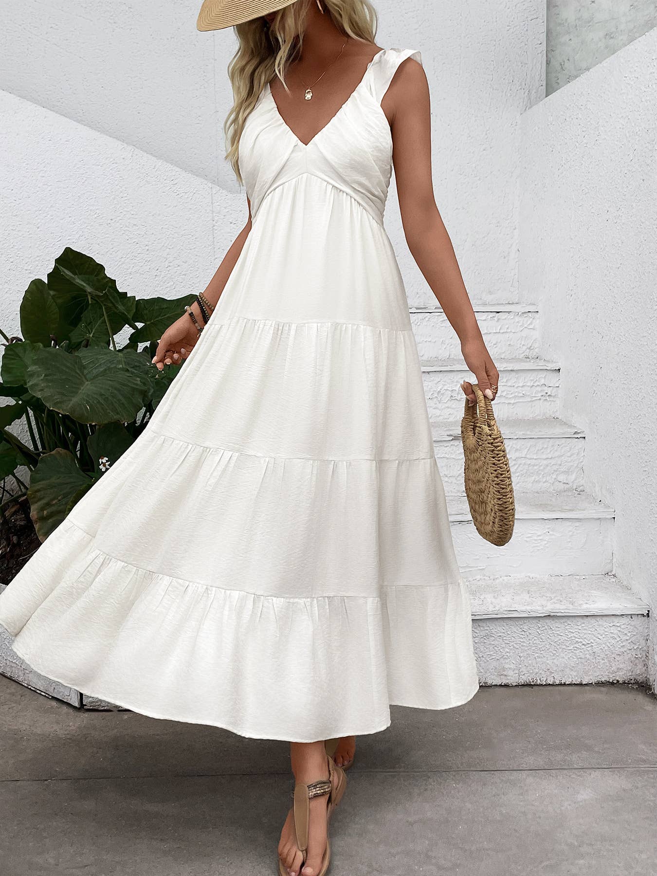 Flutter-Strap White Tiered Maxi Dress