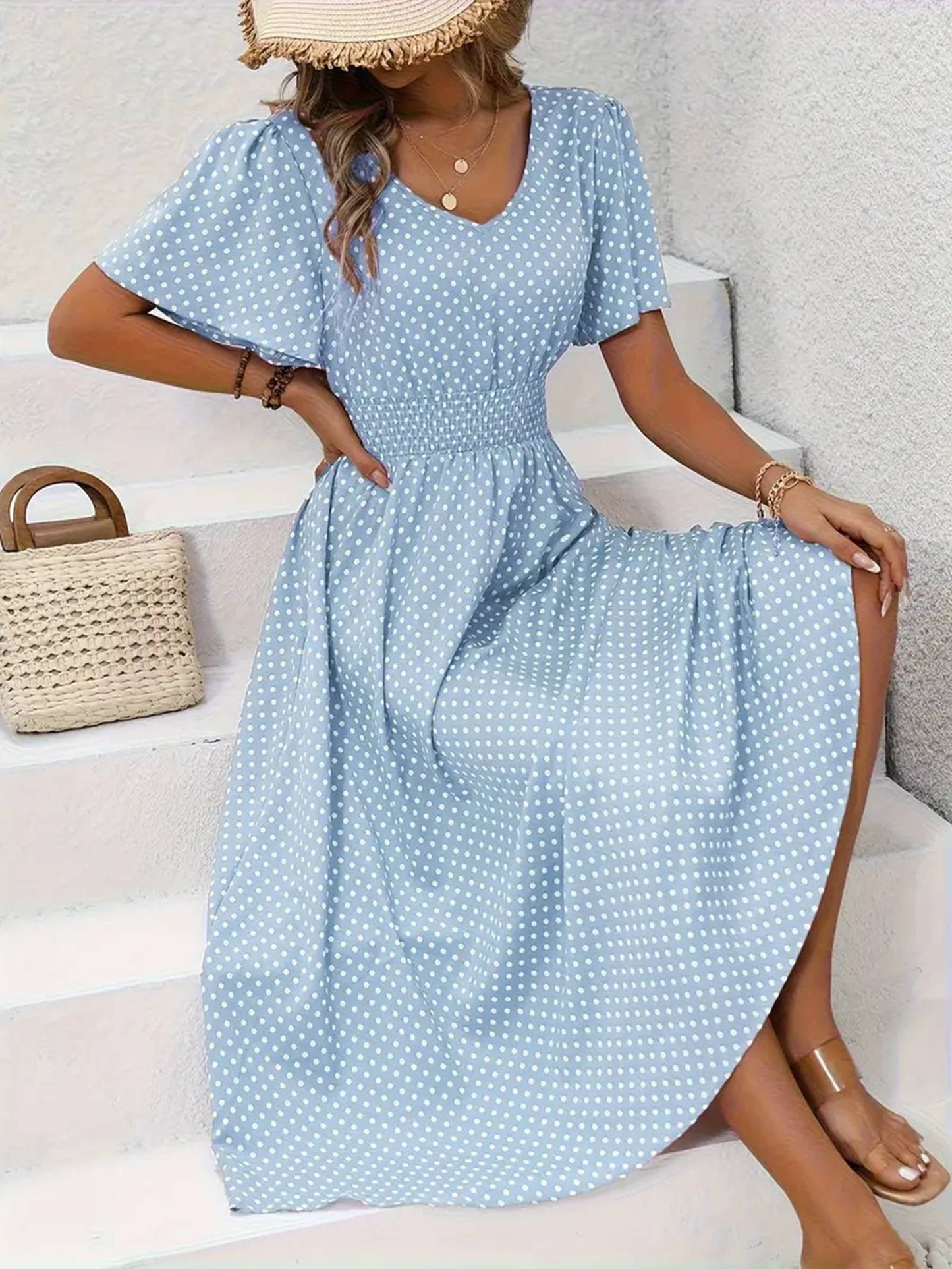 V-neck Polka Dot Pullover Casual Dress
