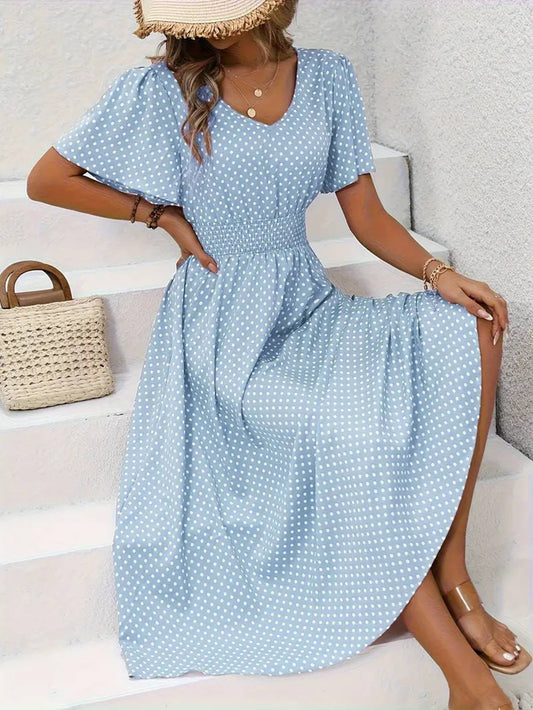 V-neck Polka Dot Pullover Casual Dress