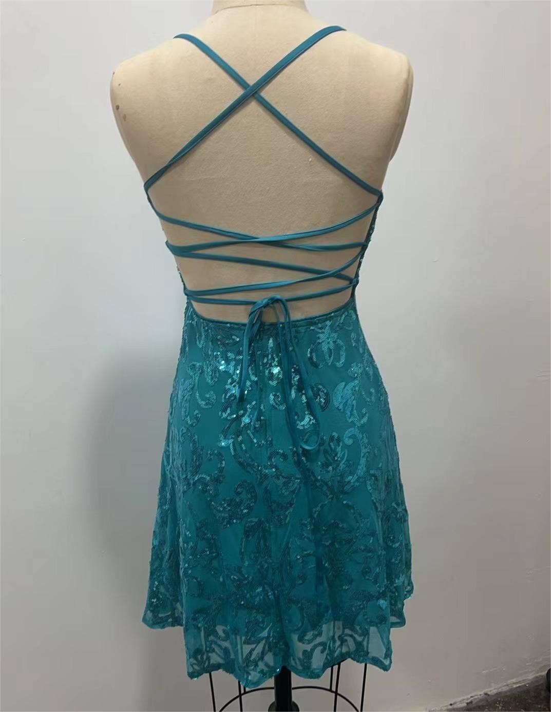 Backless embroidery sequin strap dress