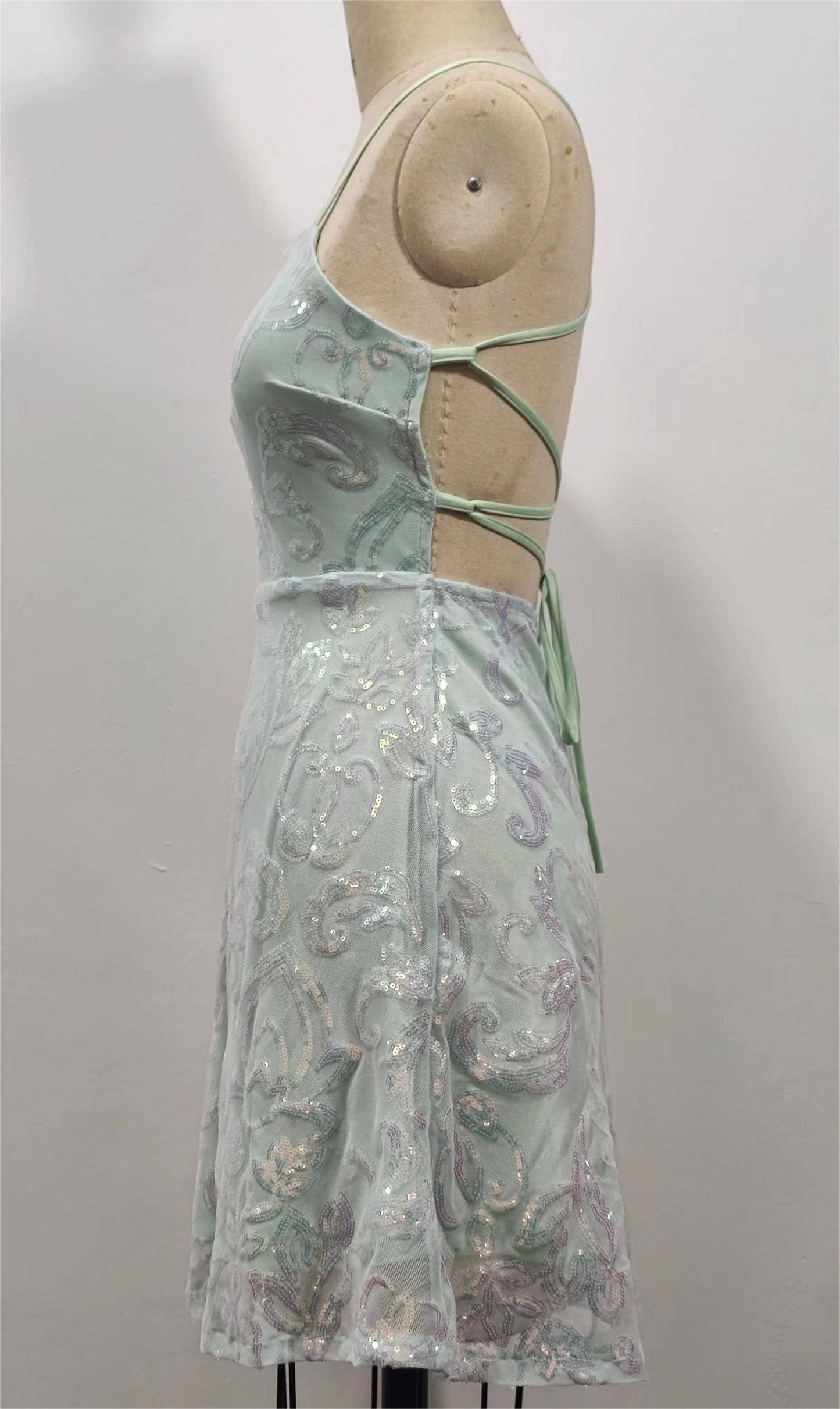 Backless embroidery sequin strap dress