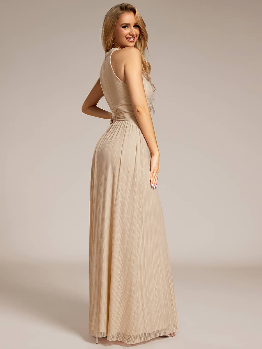 Glittery Halter Neck Pleated Formal Evening Dress
