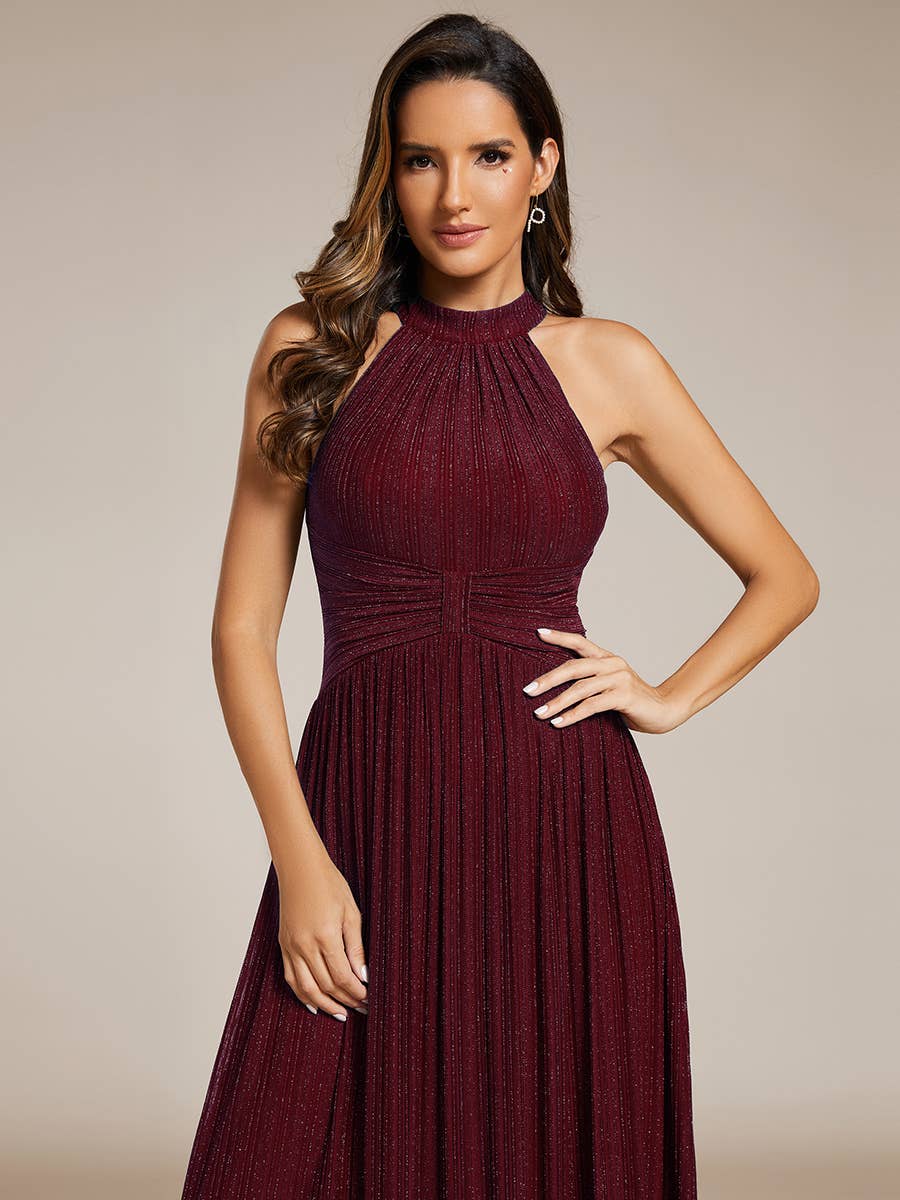 Glittery Halter Neck Pleated Formal Evening Dress