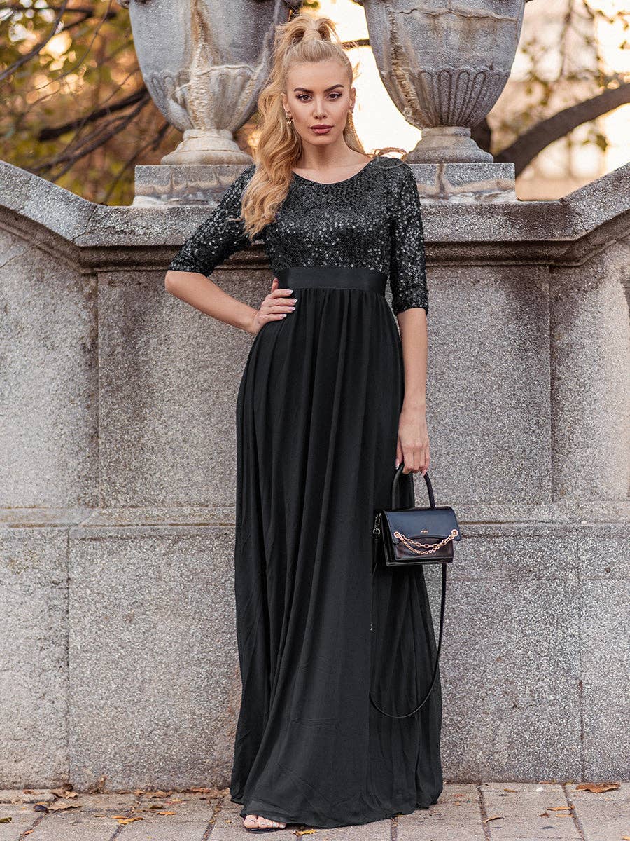 Elegant Round Neckline Sequins Patchwork Dress