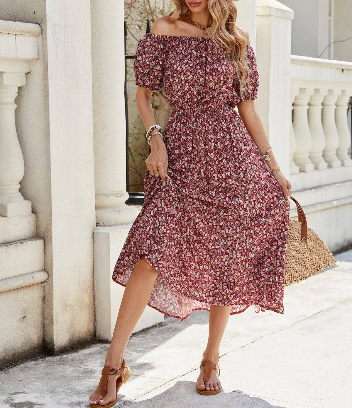 Rust-Red Ditsy Floral Off-Shoulder Maxi Dress