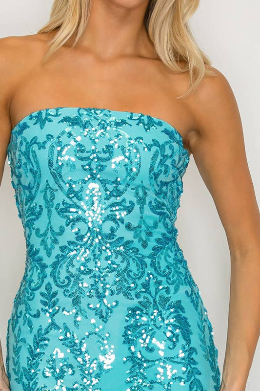 SEQUIN STRAPLESS MINI DRESS