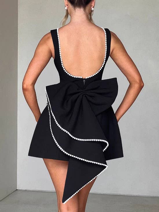 Bow-Back Mini Dress with Pearl Embellishments for Parties