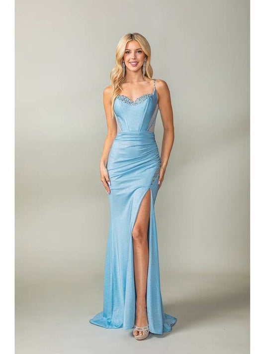 Sheer Beaded Side Slit Prom Dress