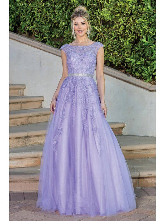 Embroidered Tulle Gown with Cap Sleeves