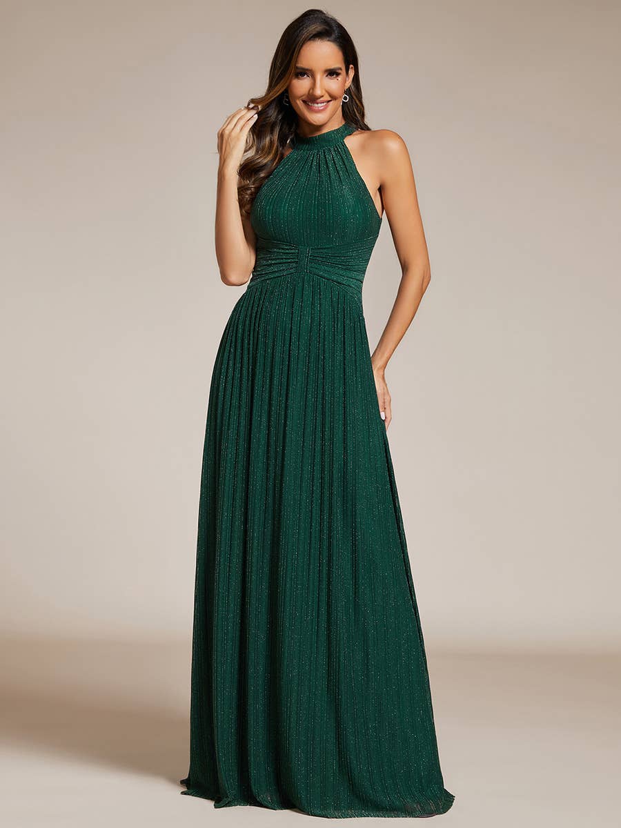Glittery Halter Neck Pleated Formal Evening Dress