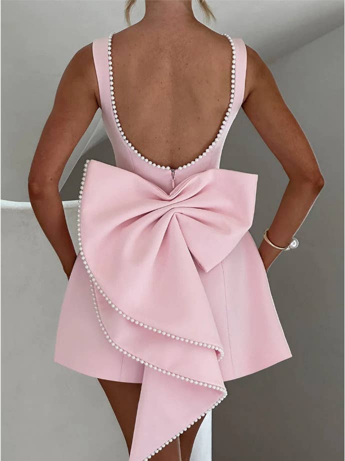 Bow-Back Mini Dress with Pearl Embellishments for Parties