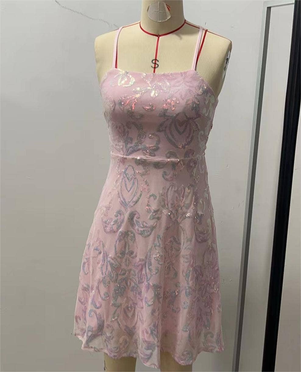Backless embroidery sequin strap dress
