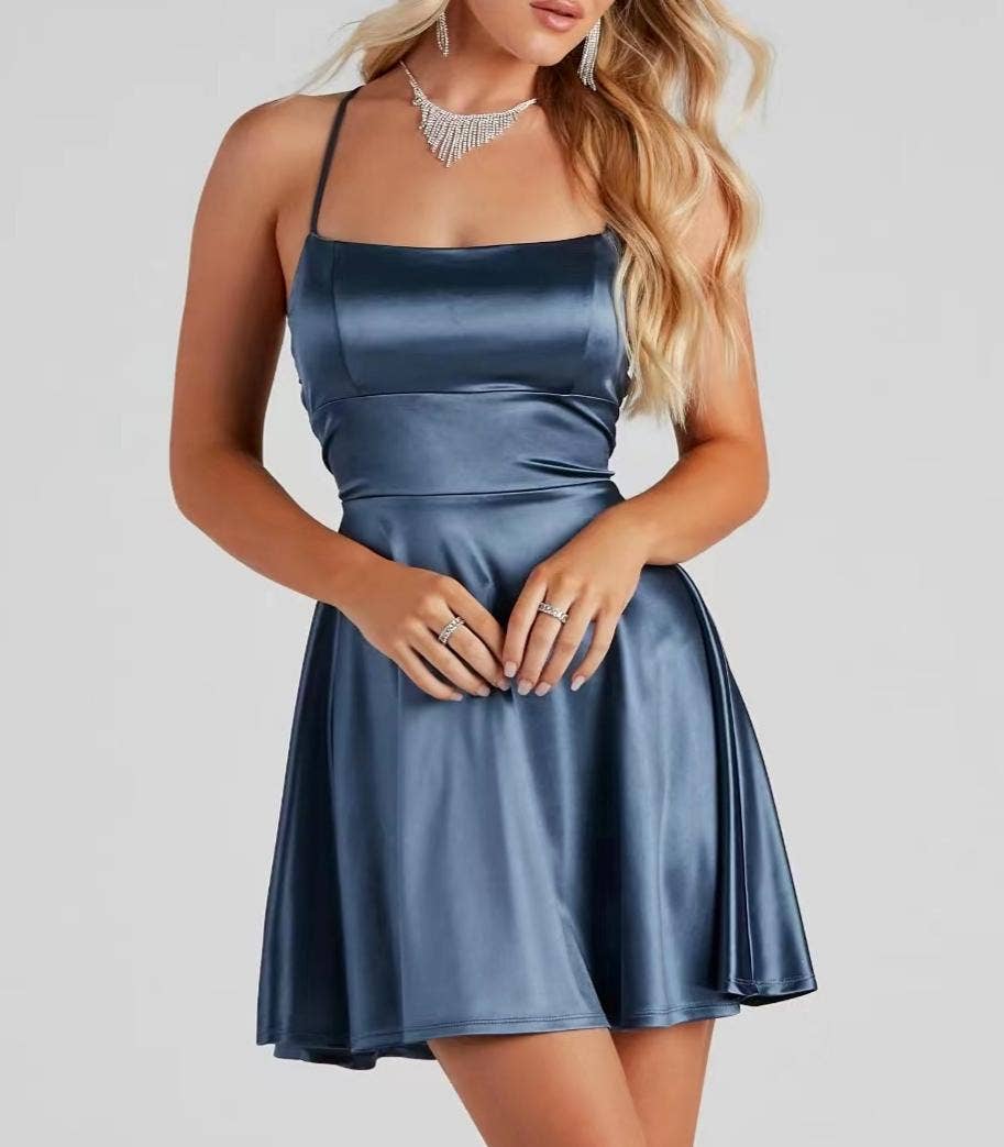 Backless babydoll dress satin mini dress
