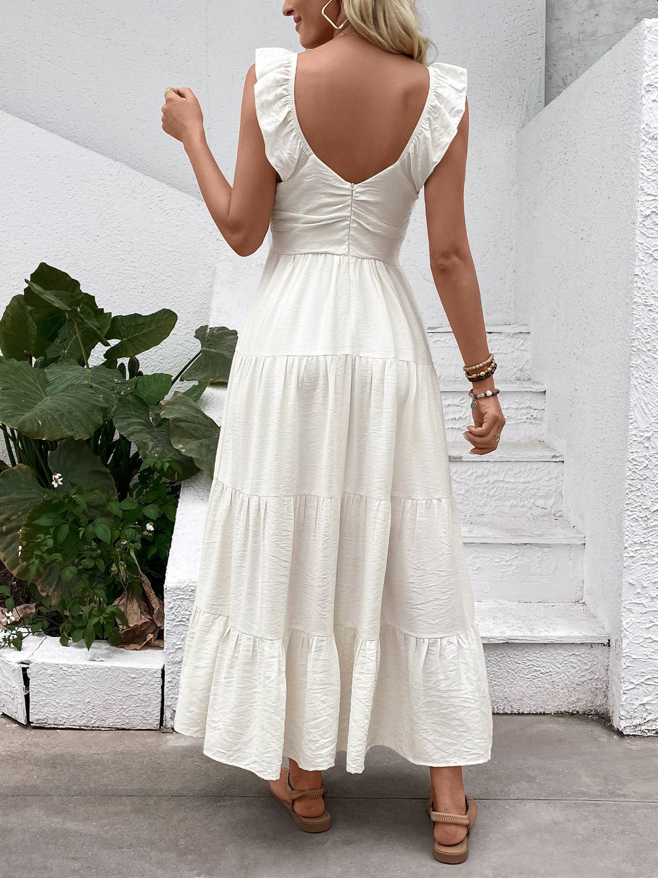Flutter-Strap White Tiered Maxi Dress