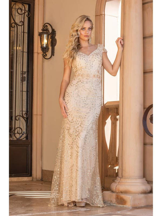 Cap Sleeves and V-Neckline Prom Dress