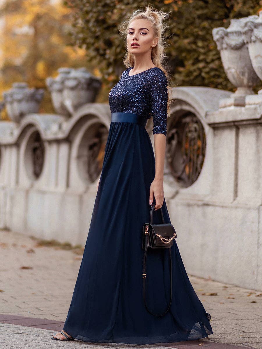 Elegant Round Neckline Sequins Patchwork Dress