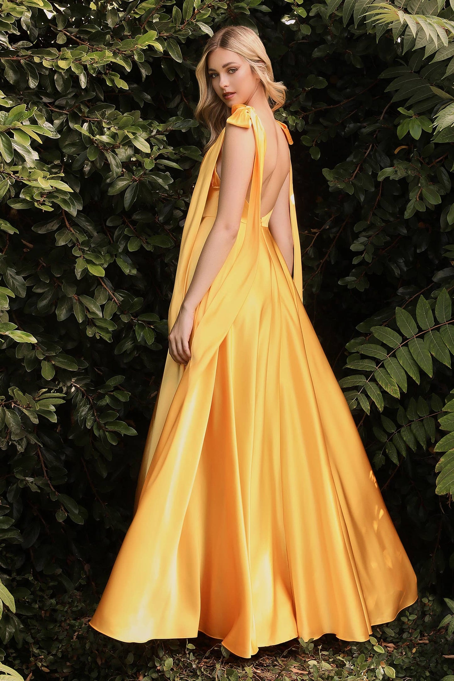 SATIN shoulder bows floor length dress