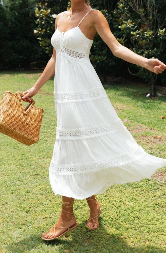 Boho Lace-Trimmed White Maxi Sundress